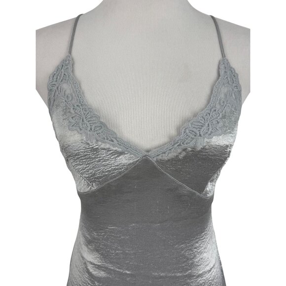 Urban Outfitters Silver Satin Crisscross Spaghetti Strap Lace Trim Slip Dress - Picture 6 of 16